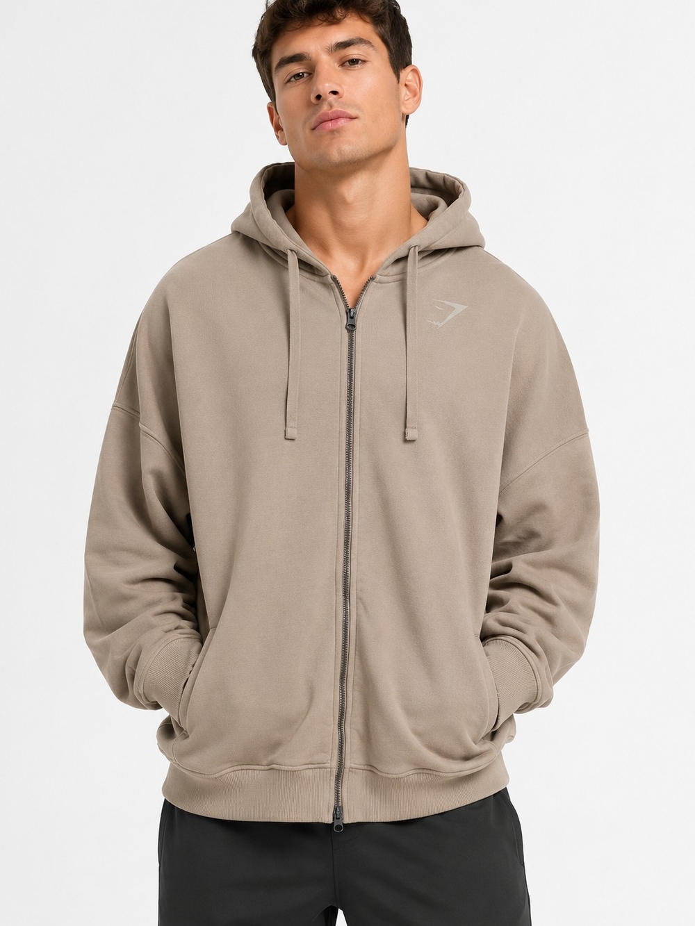 Gymshark Power Zip Hoodie Men’s Small Natural Brown Oversized Heavyweight